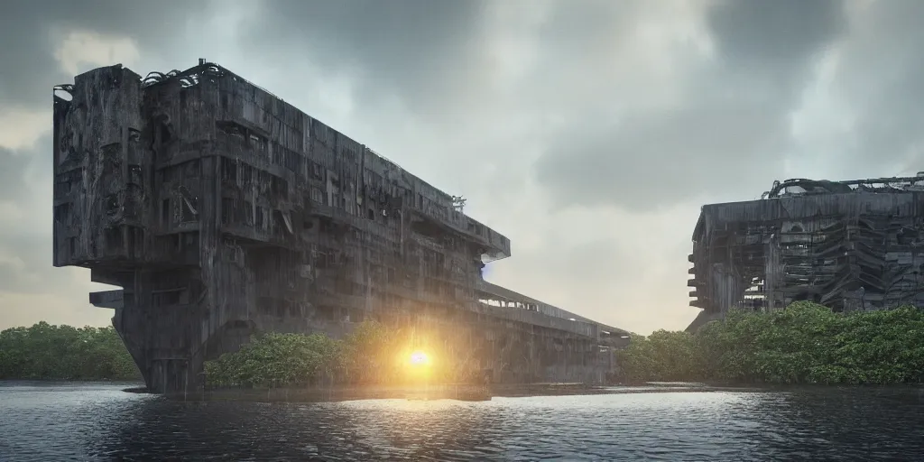 Prompt: an extremely detailed building, brutalist architecture, titanic in size, surrounded by lush green forest and murky ponds of water, stunning volumetric lighting, sunset, rusted steel, smooth solid concrete, stunning skies, trending on Artstation, 8k, photorealistic, hyper detailed, unreal engine 5, IMAX quality, cinematic, epic lighting, in the style of the game DOOM, by Greg Rutkowski