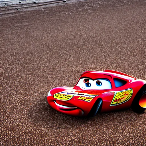 Prompt: lightning mcqueen car driving on wet sand on beach, evening, photo, 4 k, highly detailed