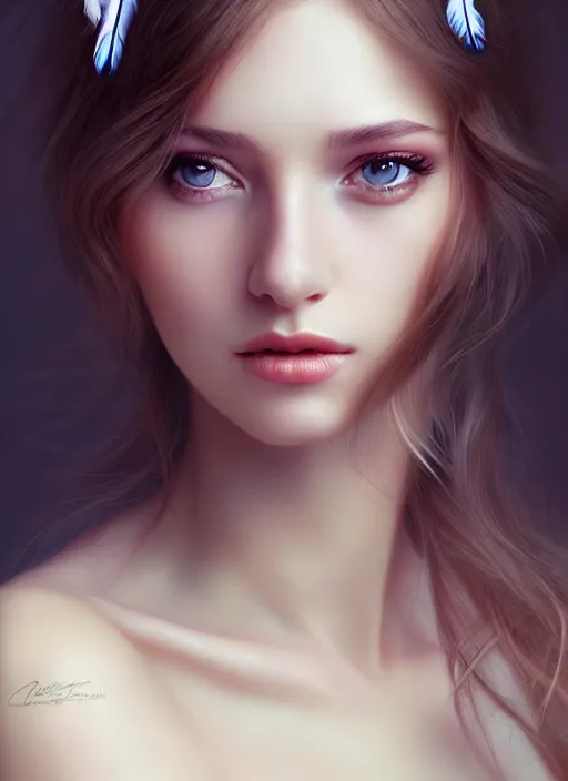 Image similar to a gorgeous female photo, professionally retouched, soft lighting, wearing a feather dress, realistic, smooth face, perfect eyes, wide angle, sharp focus on eyes, 8 k high definition, insanely detailed, intricate, elegant, art by artgerm and wlop