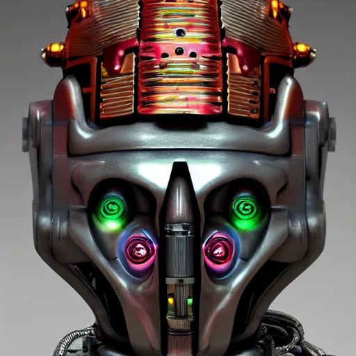 Image similar to a glossy claymodel of a dieselpunk aztec futuristic robot head with eeg sensors, 8 k, front shot, symetrical, flourescent colors, halluzinogenic, multicolored, insanely detailed, front shot, 3 d render, octane