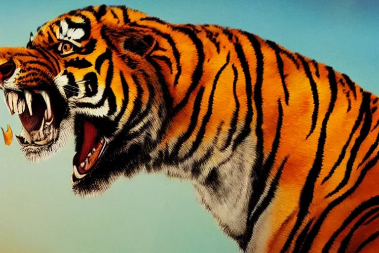 Image similar to An extremely bright studio photograph of a snarling tiger in the style of Salvador Dali, establishing shot, high-quality, professional, dramatic lighting, extremely high detail, trending on artstation