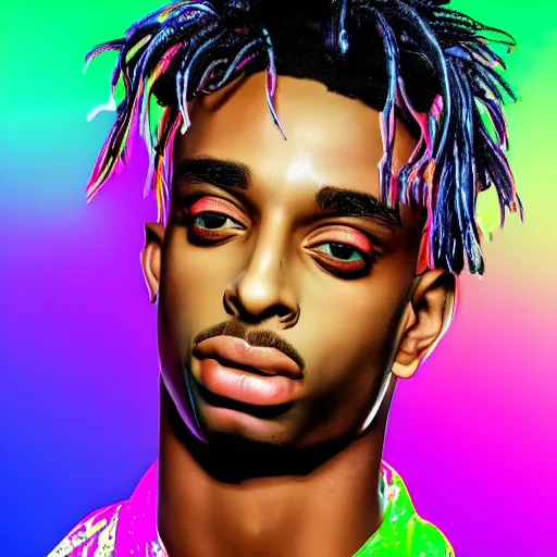 Image similar to playboi carti, photorealistic, detailed face, full body shot, 8 k hd, neon colors, over saturated colors,