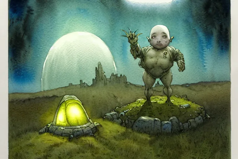 Image similar to a realistic and atmospheric watercolour fantasy character concept art portrait of a short fat chibi grey alien emerging from the mist on the moors of ireland at night. a ufo is in the sky. by rebecca guay, michael kaluta, charles vess and jean moebius giraud