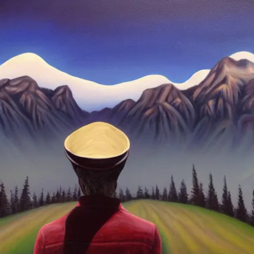 Image similar to surreal painting from a man with a hat in front of mountains