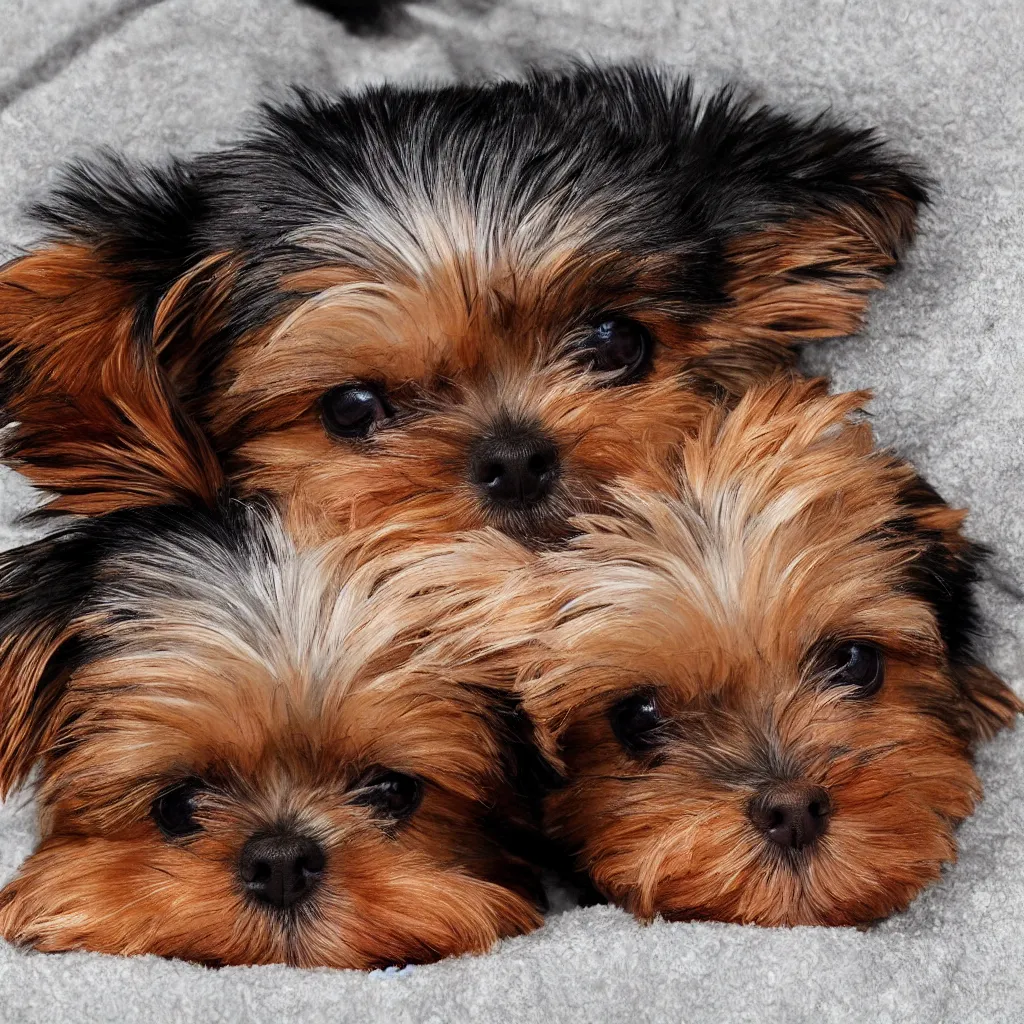 Image similar to digital painting of a cute adorable yorkie puppy sleeping on a soft blanket