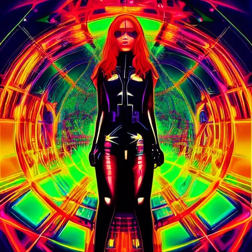 Image similar to long Shot of psychedelic Black widow standing in mysterious chromatic astral temple , stylish, lsd, soft, cinematic, artwork by Wong, Liam
