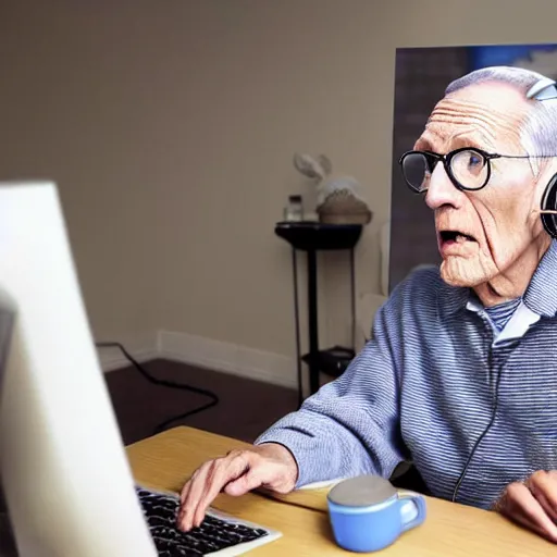 Image similar to A colored colorized real screenshot of Jerma985 as an elderly guy streaming on his computer while wearing headphones, taken in the early 2020s, taken on a 2010s Camera, realistic, hyperrealistic, very realistic, very very realistic, highly detailed, very detailed, extremely detailed, detailed, digital art, trending on artstation, headshot and bodyshot, detailed face, very detailed face, very detailed face, real, real world, in real life, realism, HD Quality, 8k resolution, intricate details, colorized photograph, colorized photon, body and headshot, body and head in view