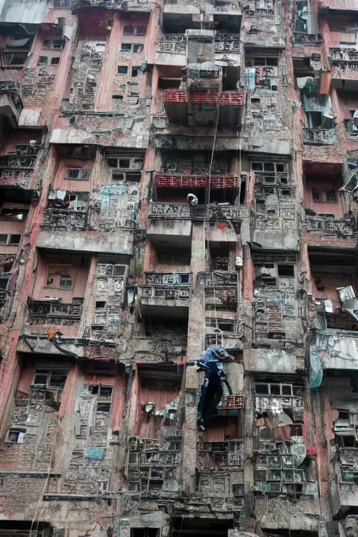 Image similar to long shot of a robot climbing up the side of kowloon walled city, photograph of a climbing robot