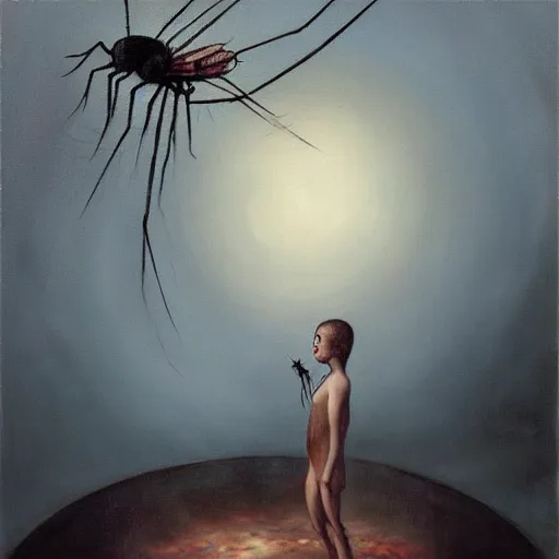 Prompt: an oil painting of a mosquito drinking from a dark pool by esao andrews. circa survive album cover art. dark. muted colors. gothic. oil painting with brush strokes. creepy.