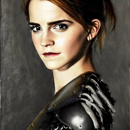 Prompt: close up of emma watson in full leather armor, cinematographic shot, by daniel f. gerhartz