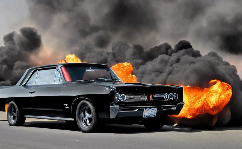 Prompt: a black 1 9 6 4 pontiac gto driving high speed, fire explosion in the background, action scen. realistic. high resolution. dramatic