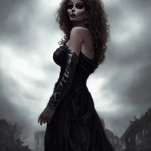 Prompt: closeup portrait of a young and beautiful sophia loren in gothic clothing, dramatic light, gorgeous view, depth, high detail, digital art, painted by greg rutkowski and seb mckinnon, by tim burton, trending on artstation