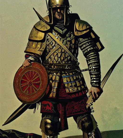 Image similar to character art illustration of a medieval Byzantine infantry warrior by Angus McBride.