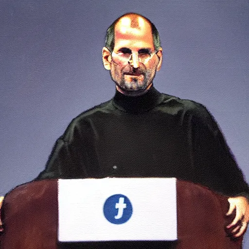 Image similar to impressionist painting of president steve jobs giving a speech