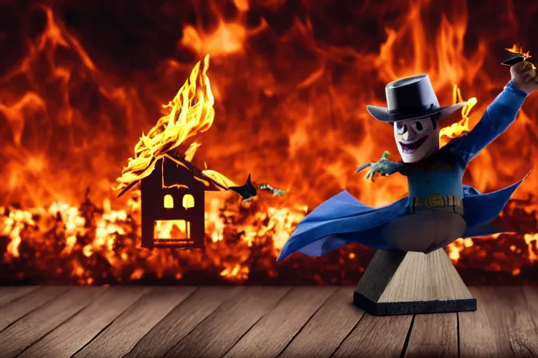 Image similar to Dark Knight Joker building a house of cards on top of a table, with a flaming background. 3d rendering, toy story style, pixar style, distant view, blurred background.