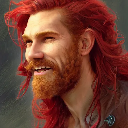 Image similar to portrait of a young ruggedly handsome but joyful pirate, male, masculine, upper body, red crimson hair, very long flowing hair, fantasy, joyful smirk, intricate, elegant, highly detailed, digital painting, artstation, concept art, matte, sharp focus, illustration, art by artgerm and greg rutkowski and alphonse mucha