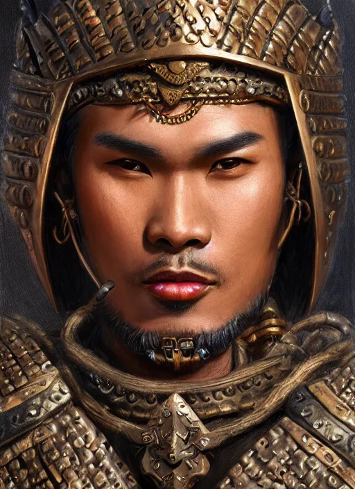 Image similar to smart tai warlord, closeup portrait, historical, ethnic group, sukhothai costume, bronze headset, fantasy, intricate, with leather armor cross on bare chest, tai body tattoo, elegant, loin cloth, highly detailed, oil painting, artstation, concept art, matte, sharp focus, illustration, hearthstone, art by earl norem