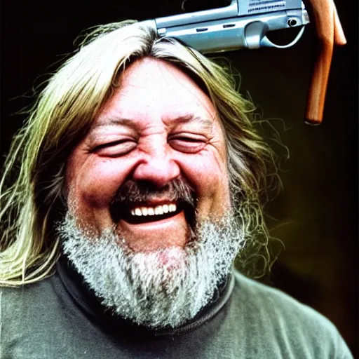 Image similar to robert wyatt laughing maniacally and pointing a gun directly at the camera