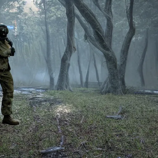 Image similar to drone footage of soldier and arachnoid from starship troopers movie on the old road in the forest lomography photo, playstation 5 screenshot, fine details, rain, rtx reflections, fog, night, photorealistic, unreal engine, octane render, volumetric light, featured on cg society, 4 k, 5 0 mm bokeh