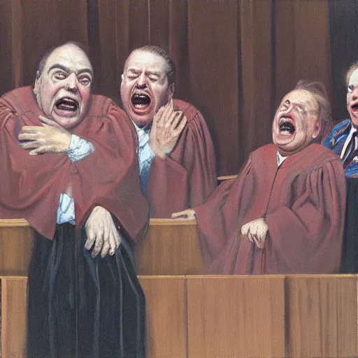 Prompt: The US Supreme Court justices screaming in existential dread, by Francis Bacon