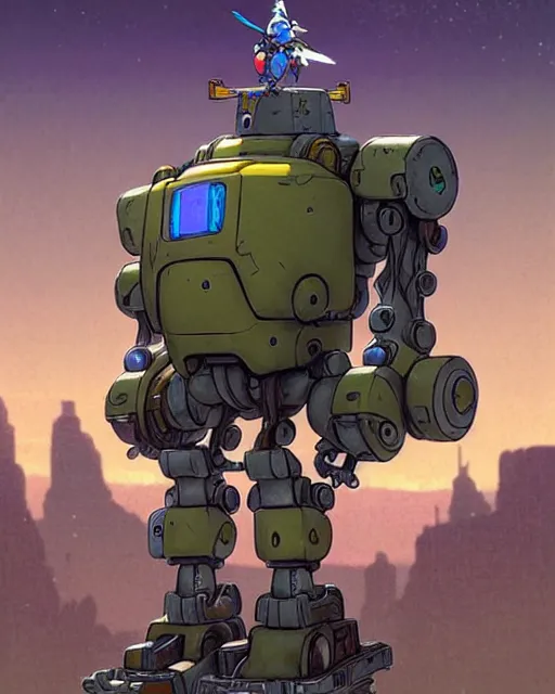 Image similar to bastion the friendly robot from overwatch, with his pet bird, character portrait, portrait, close up, concept art, intricate details, highly detailed, vintage sci - fi poster, retro future, in the style of chris foss, rodger dean, moebius, michael whelan, katsuhiro otomo, and gustave dore