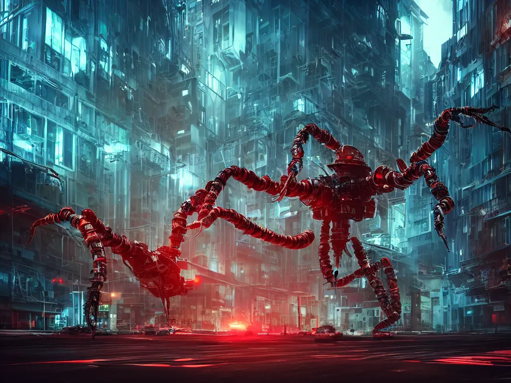 Image similar to A frightening gigantic evil robot scorpion in a futuristic city with pipes and tubes and wires, hyperealistic very colourful hdr cinematic lighting cgi render photorealistic cinematic octane render