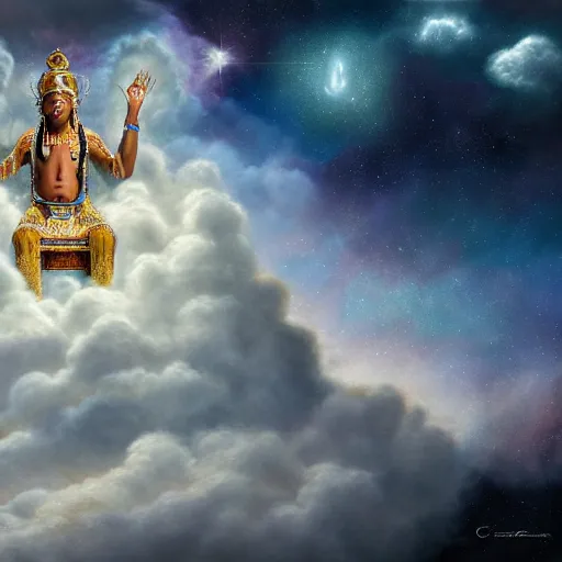 Image similar to obatala the cosmic god sitting on a throne of nebula clouds, by Adi granov, matte painting, orisha, 8k, hd