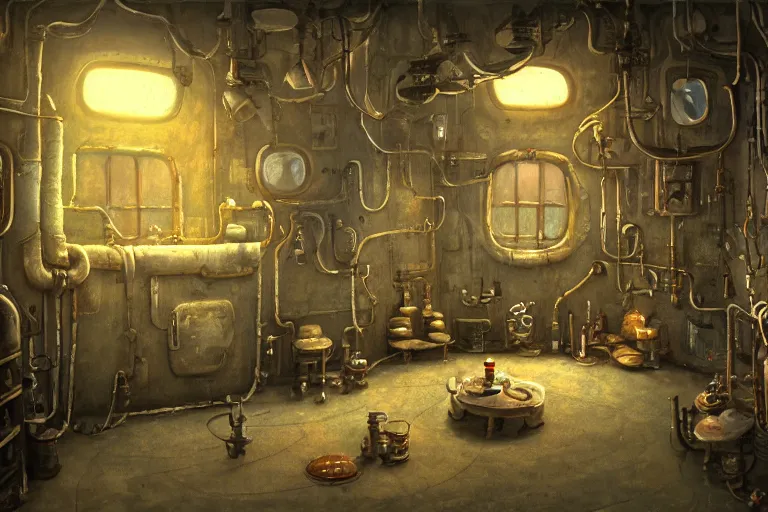 Image similar to A beautiful painting of interior of room with metal pipes in machinarium by yann souetre, Trending on artstation.