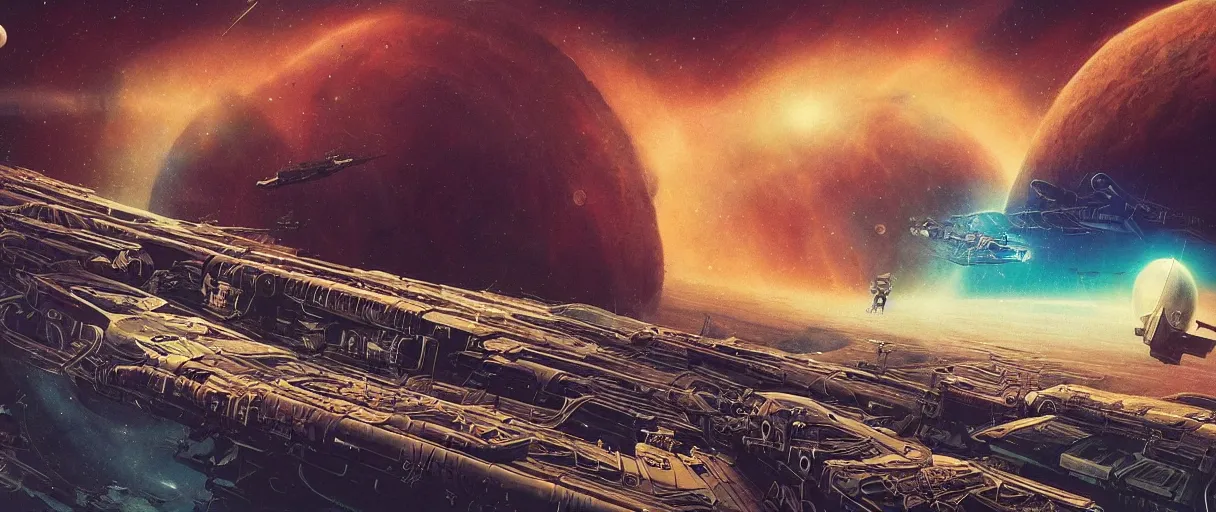 Prompt: lone industrial!!! spaceship!!, deep space exploration!!!, flying, ridley scott universe, the final frontier, illustrative!!, punk, space pirate, painterly, hyperdetailed, hyperrealistic, utilitarian cargo ship, cinematic lighting, 4k, wide angle, beksinski, (neon colors)