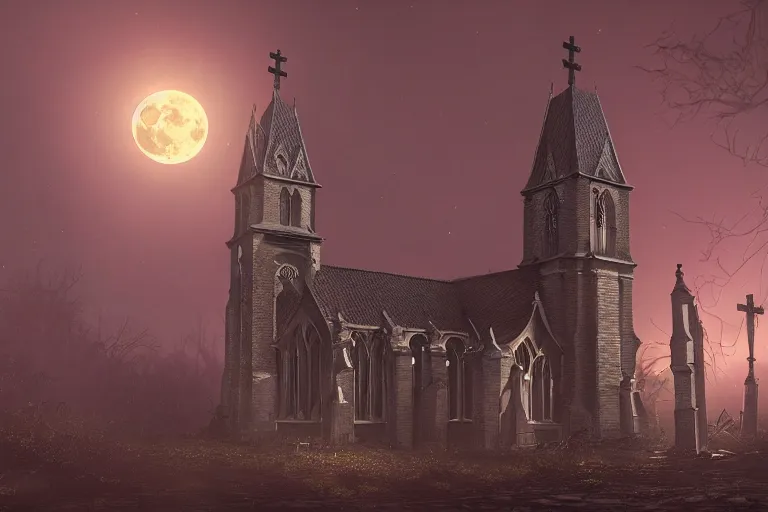 Prompt: an ultra detailed animation of a church steeple with bats in a graveyard at midnight on halloween, digital art, dark fantasy, concept art, soulslike, by alphonse mucha, blood moon eclipse, ruined building in the background, artstation, 8 k, unreal engine render