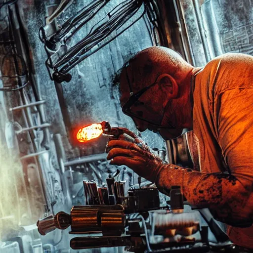 Image similar to half rusted old egg beater half stun - gun, balding older cyborg repairing, red hot soldering iron, dark messy smoke - filled cluttered workshop, dark, dramatic lighting, orange tint, cinematic, highly detailed, sci - fi, futuristic, movie still from blade runner