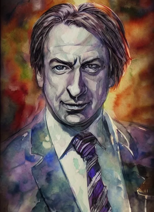 Prompt: water color portrait of saul goodman in the style of yoshitaka amano, final fantasy cover