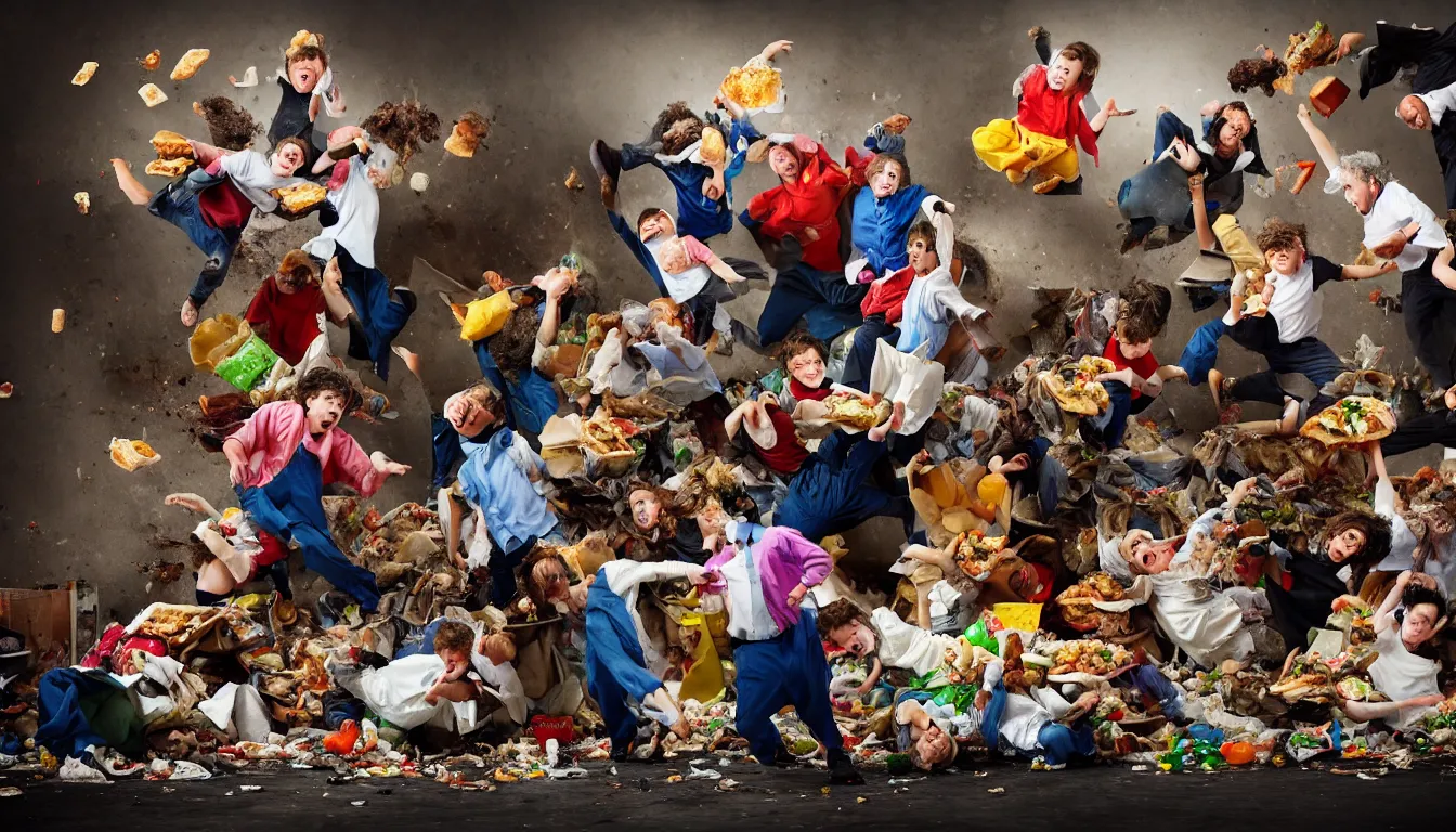 Prompt: disheveled children in rags obese men in suits and old people fighting in a fast food restaurant over piles half eaten rotting fast food, money floats in the air, hyper realistic photo, full colour, upscale, 8 k, masterpiece,