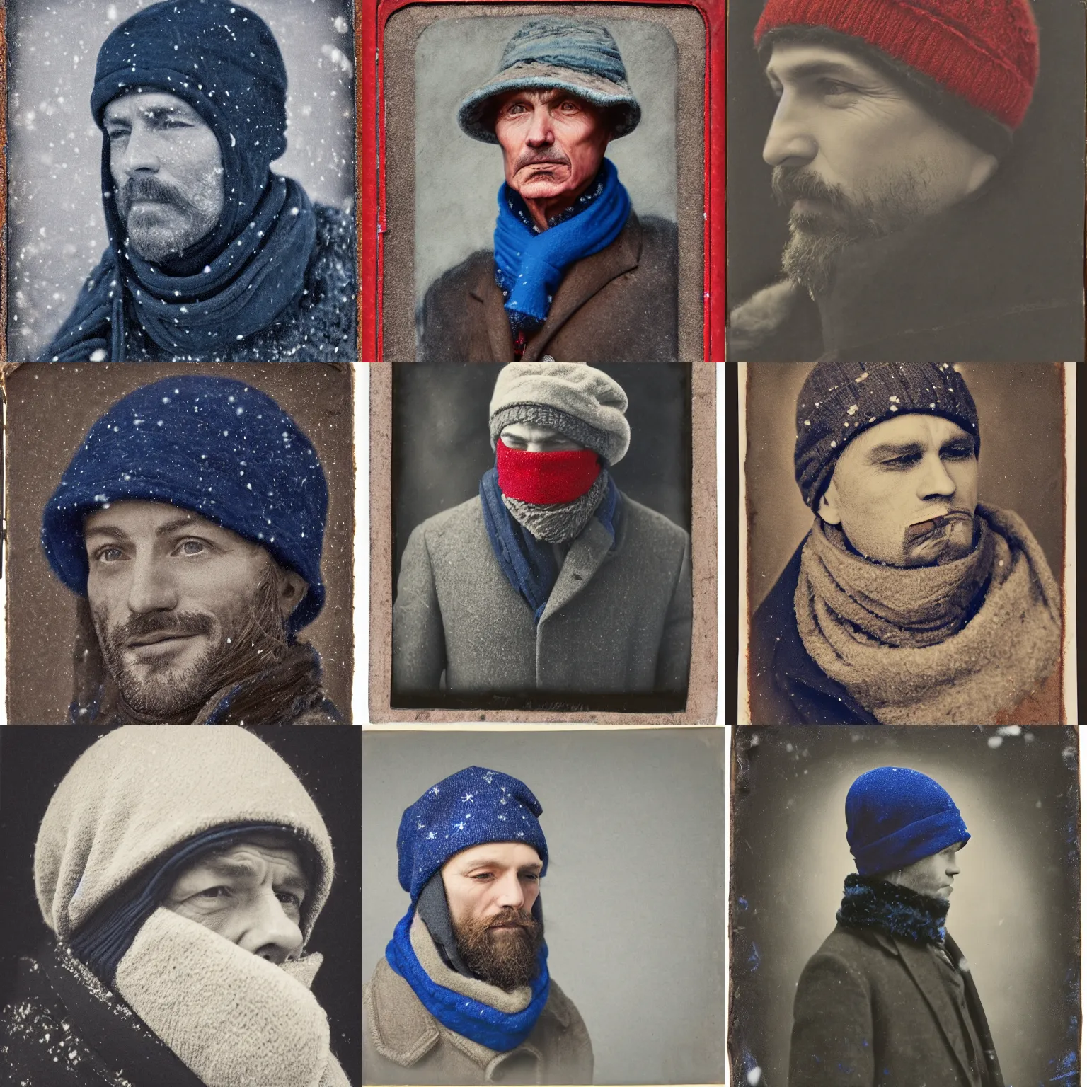 Prompt: portrait of man with warm hat and face covered by scarf, patched overcoat, winter, american realist, detailed, tintype, payne's grey, cobalt blue, venetian red, backlighting, snowflakes