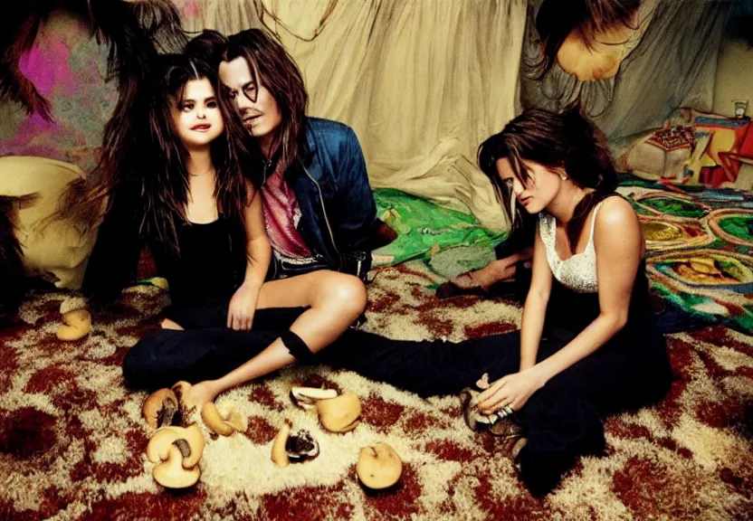 Image similar to Selena Gomez and Young Johnny Depp eating mushrooms and tripping in a shag carpet house, photograph: Annie Leibovitz