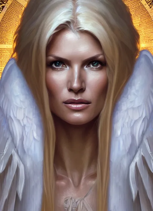 Prompt: portrait of victoria silvstedt as an angel, bible, katholic, intricate, headshot, highly detailed, digital painting, artstation, concept art, sharp focus, cinematic lighting, illustration, art by artgerm and greg rutkowski, alphonse mucha, cgsociety