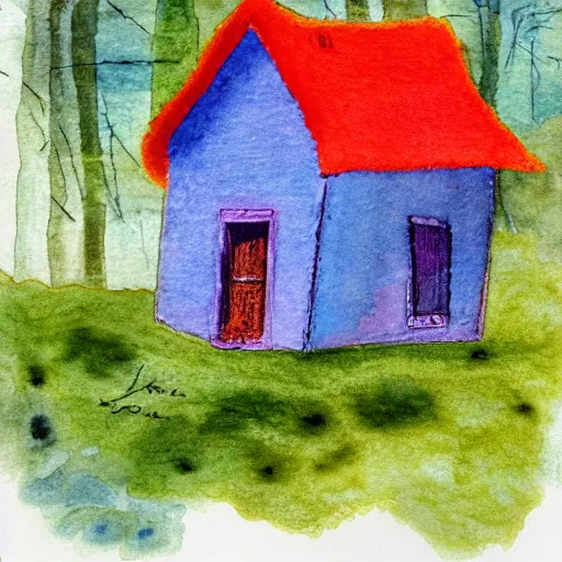 Prompt: small wooden house in the middle of spring forest, bright colours, watercolor, volumetric wool felting, macro photography, children illustration, by dean roger