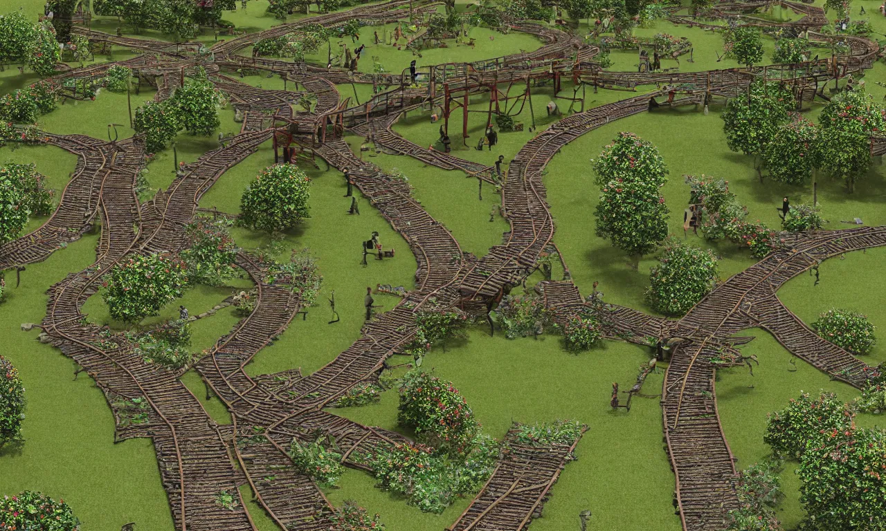 Image similar to english park maze ancient train pathways and walkers, photorealistic 3d rendering