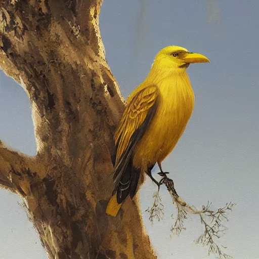 Image similar to a yellow crow on a tree with white leaves, detailed, by greg rutkowski