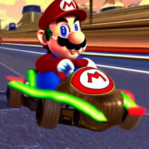 Prompt: franco in mario kart, circuit of the valley of the fallen