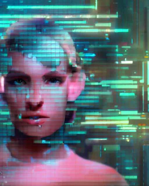 Prompt: A broken monitor with the calm face of an android woman on it. Very very very strong glitches and scanlines effect on the monitor. The monitor is cracked. The face is blurry with glitches. Extremely high detail, glitchcore, glitches, glitch, cyberpunk, 8k render
