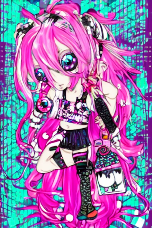 Image similar to cybergoth decora glitchcore yokai girl, sanrio ornaments, pastel cute cinematography | neo hong kong, rainy atmosphere, night time, bright lights, colorful signs, busy streets, high res, kowloon | anime decora gyaru kawaii fashion model, v tuber, darling in the frank,asuka, anime best girl, with glitch and scribble effects, psychedelic colors, 3d render octane, by wlop, wenjr, beeple, artstation,imaginefx