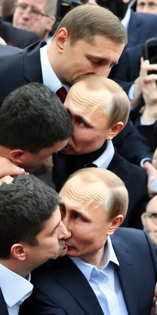 Prompt: Vladimir Putin kissing Volodymyr Zelenskyy