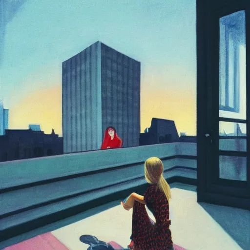 Image similar to a small rooftop with a girl and a skeleton sitting and watching the view, wearing moder clothes by ganni, modern shanghai bund is on the background, night, by edward hopper, by gregory crewdson