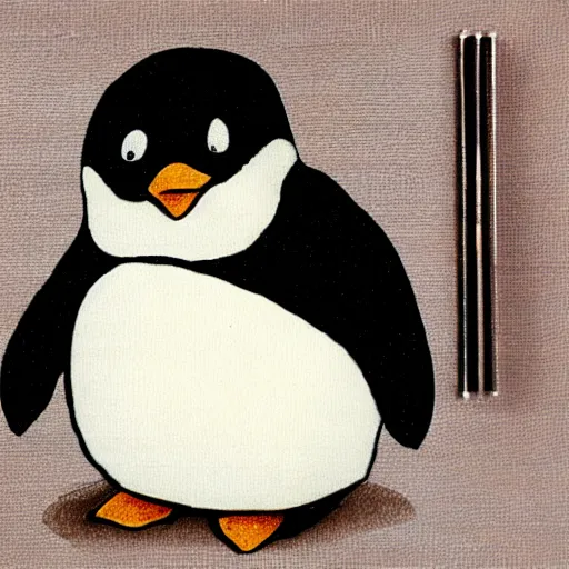 Image similar to a cute penguin holding a briefcase, photorealistic storybook illustration, Beatrix Potter