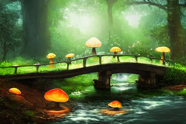 Prompt: giant glowing mushrooms next to a small bridge, flowing water, digital art, scenic,