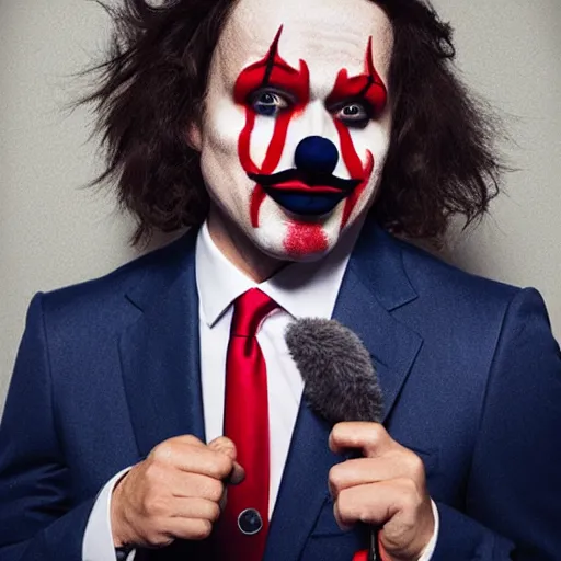 Image similar to UHD candid photo of Justin Trudeau dressed as a henchman, wearing accurate clown makeup, accurate face, UHD, photorealistic, correct face, photo by Annie Leibowitz