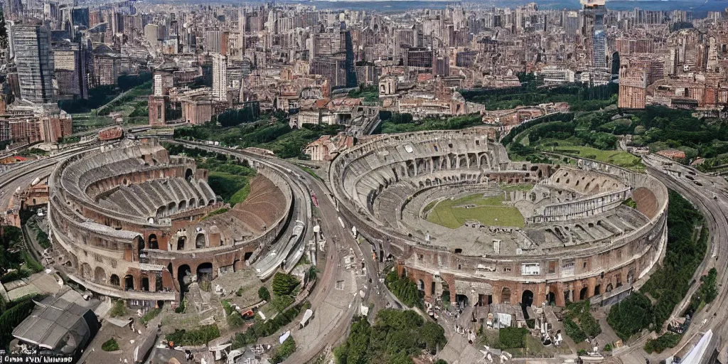 Prompt: a futuristic megacity where ancient romans have advanced technology and the colosseum towers over the buildings below