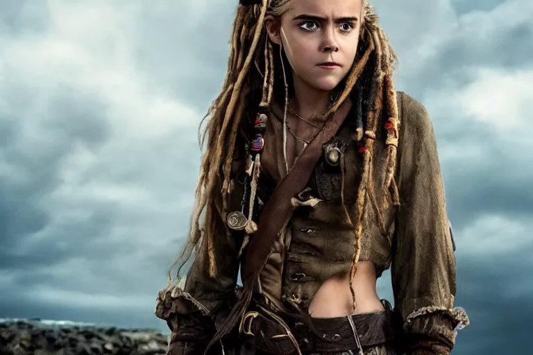 Prompt: promotional image of kiernan shipka as a gritty pirate captain in the new Pirate of the Carribean movie, dark stormy weather, detailed face, movie still frame, promotional image, imax 70 mm footage