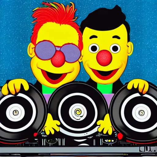 Image similar to svg sticker of a Pop-Wonder Bert&Ernie, Sesame-Street, at a rave, spinning records, giant headphones rocking out, wearing headphones, huge speakers, dancing, rave, DJ, spinning records, digital art, amazing composition, rule-of-thirds, award-winning, trending on artstation, featured on deviantart